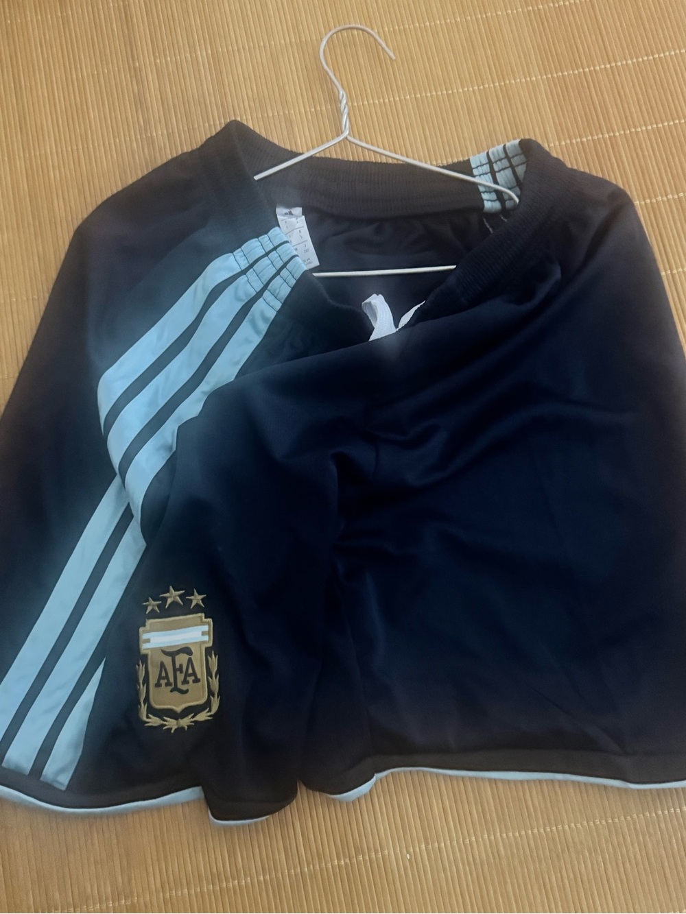 adidas Men's Black Athletic Shorts with Light Blue Stripes and Crest